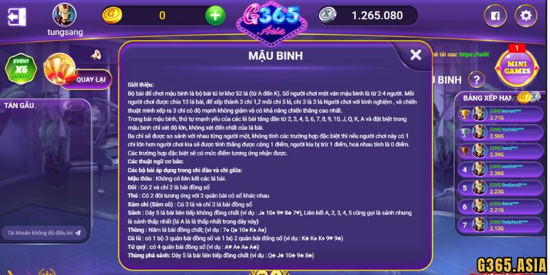 Luật chơi game bài Mậu binh G365 người chơi cần biết