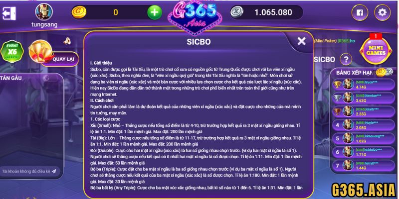 Tìm hiểu luật chơi Sicbo G365