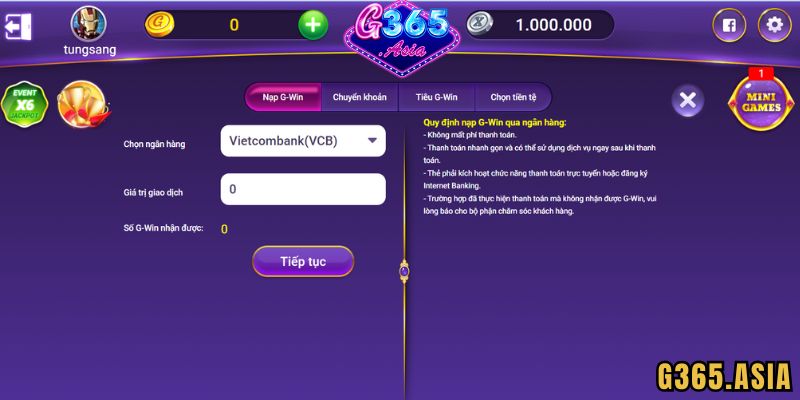 Hình thức nạp tiền G365 thông qua thẻ ngân hàng